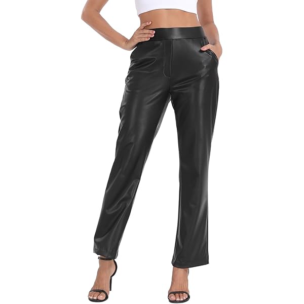 SANTINY Women's Faux Leather Pants High Waisted Straight Leg