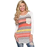 Sannysis Women Loose Stripes Lace Pocket O-neck Shirt Tops Blouses