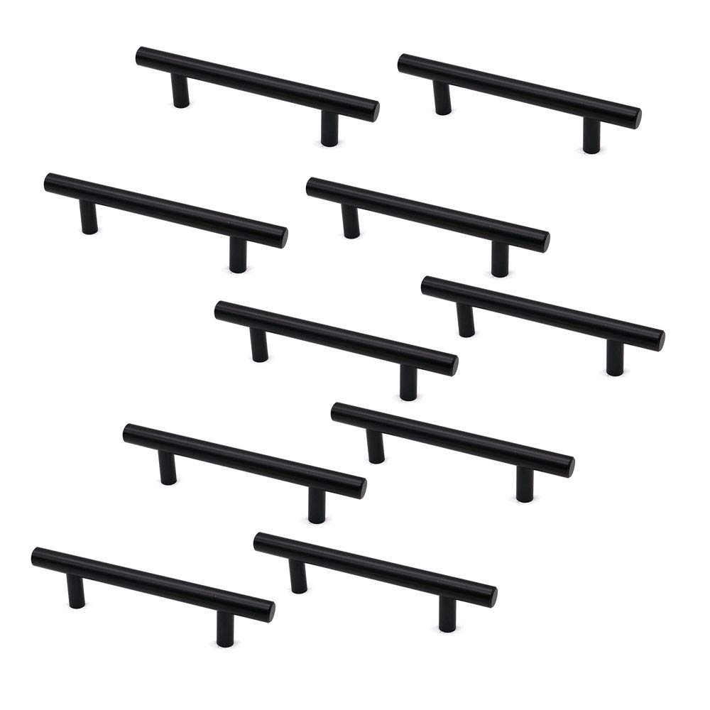 Set of 10 NUZAMAS Matt Black Cabinet Door T-Handles and Pulls, Furniture Drawer Handles, Zinc Alloy, 150mm Long, Kitchen Cabinet Wardrobe Knobs Bars, Center to Center 96mm