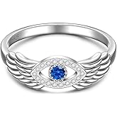 Sterling Silver Evil Eye Ring Feather Angel Wing Evil Eye Rings for Women Protection Greek Blue Turkish Nazar Jewelry