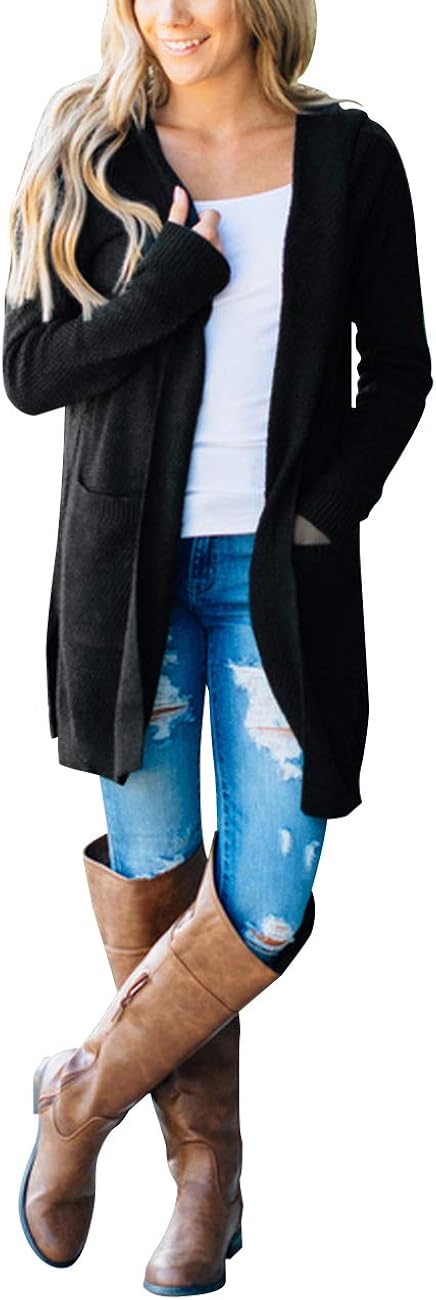 MEROKEETY Women's Long Sleeve Open Front Hoodie Knit Sweater Cardigan with Pockets at  Women’s Clothing store