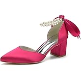 HKMFLYY Women's Pointed Toe Pearl Wedding Shoes for Bride Low Heels Satin Heels with Bow Bridal Shoes Chunky Block Heels Comfortable Dance Shoes Pumps