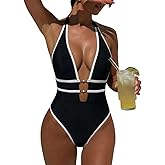 QGIUG Women's Sexy High Cut Cheeky One Piece Swimsuits Monokini Plunge V Neck Halter Bathing Suit Summer Beach Pool Party
