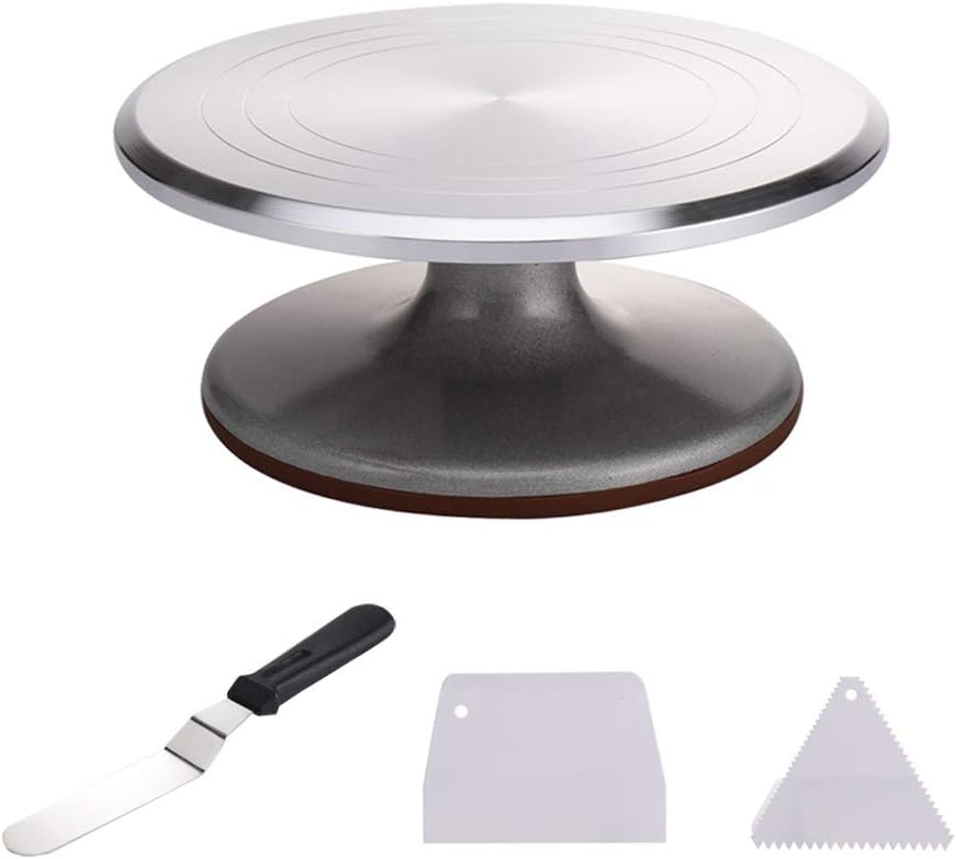 9’’ Cake Decorating Turntable with 1 Angled Icing Spatula (6 inches) and 2 Icing Smoothers. Aluminum Alloy Construction with Non-slipping Silicone Bottom.