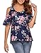 Sherosa Women's Floral Print Cut Out Shoulder Short Sleeve T Shirt Tops Blouse (3XL, Navy Blue)