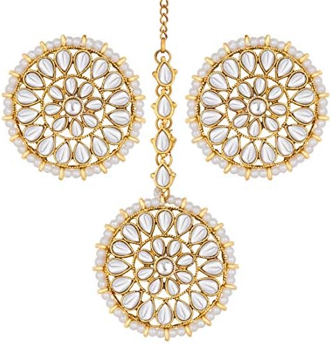 Aheli Wedding Wear Faux Kundan Beaded Round Earrings with Maang