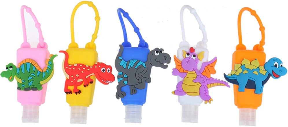 Poluka 5Pcs Dinosaur Hand Sanitizer Bottles with Cartoon Silicone Detachable Protective Case 30ml Hand Sanitizer Travel Portable Plastic Leak Proof Bottles-Only Bottles/Without Liquid/Random Color