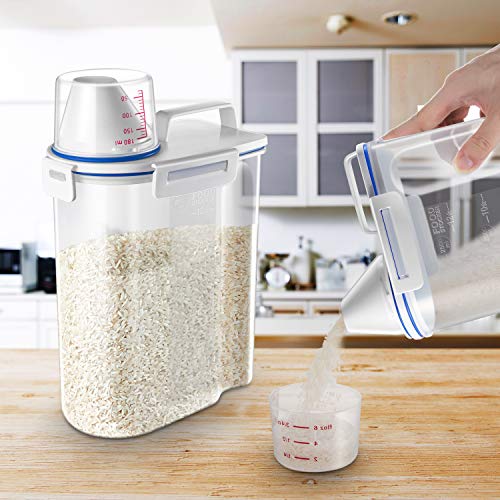 Rice Storage Container - Cereal Container Bin with Pour Spout + Measuring Cup + Airtight Sealed Lid + 5 lb Capacity - Grain Container Dispenser for Kitchen Storage Organization