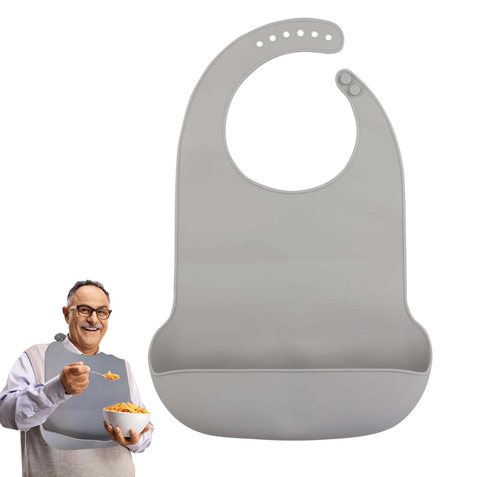 1 Pcs Gray Adult Bib,Washable Silicone Adult Bibs with Pocket,Waterproof Feeding Elderly Eating Bib Clothing Protectors Reusable Dirty-Proof Apron Mealtime Crumb Catcher for Elderly Senior,Men, Women