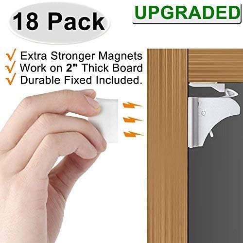 Magnetic Cabinet Locks Child Safety - Adhesive Baby Proofing Drawers Latches - Upgraded Installation Template - No Drilling - 18 Pack