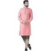 KISAH Men's Kurta – Solid Pattern Cotton Blend Tunic with Mandarin Collar, Regular Fit – Indian Wedding Outfit for Men – Festive Wear for Diwali, Eid & Celebrations, Hot-Pink, 42