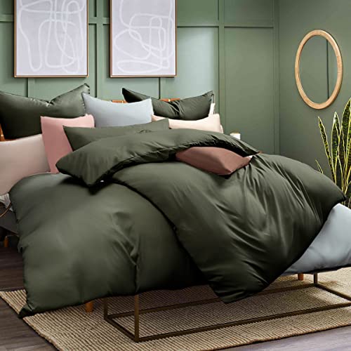 Soifox Bettwäsche 155x220 4teilig Olivgrün - 2 Bettbezüge 155x220 + 2 Kissenbezüge 80x80 Weich und Bügelfrei Mikrofaser mit Reißverschluss