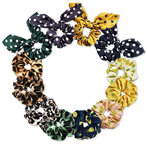 Scrunchies for Hair, 12 Pack Hair Elastics Scrunchies, Cute Pineapple Hair Ties, Hair Bands with Leopard Pattern, Polka Dot Scrunchies with Ribbon, Great Gift for Women or Girls - Thumbnail 7