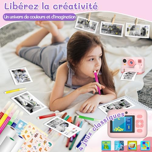 Instant Camera Child Gift Toy Girl Boy 3-12 Years, AWANFI Digital Video Camera 1080P 32GB Card with 3 Rolls of Paper and Bluetooth APP Printing