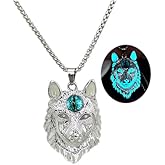 Hewill Wolf Necklace for Men Women Stainless Steel Viking Wolf Head Therian Necklace Glow in The Dark Protection Necklace Jewelry Gift