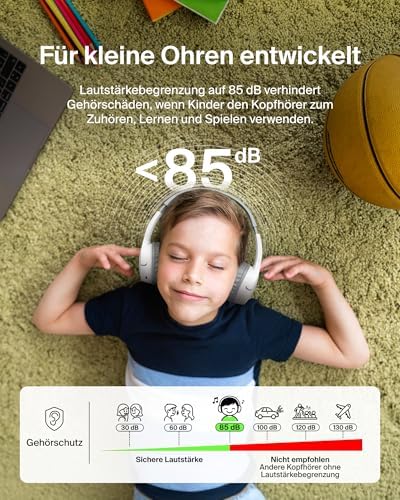 SoundForm Mini kabelloser Kinderkopfhörer mit integriertem Mikrofon und lustigen Aufklebern, 30 Std. Wiedergabe – Over-Ear-Kopfhörer für Unterricht, Ferien, iPhone, iPad, Galaxy – Weiß