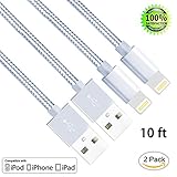 ZTeanok Braided Cord Nylon Charger for iPhone 7/7 Plus/6/6 Plus/6S/6S Plus, SE/5S/5, iPad, iPod Nano 7-10' (3 m) - Silver White - 2 Piece