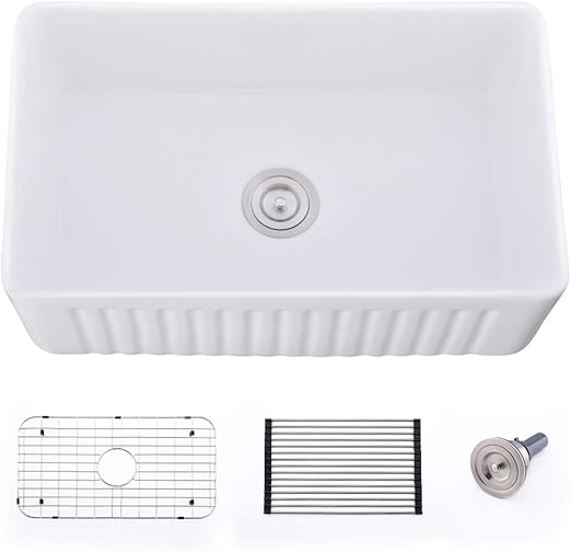 Bokaiya 30 White Fireclay Farmhouse Apron Front Sink Porcelain