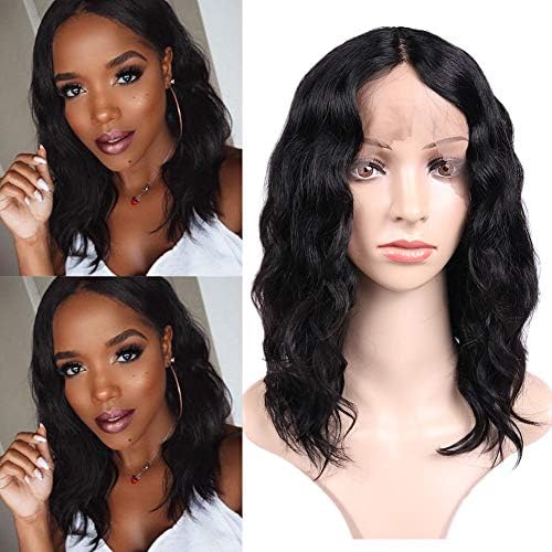 WIGNEE Lace Front Natural Wave Wigs Middle Part Brazilian Human Hair Wave Wigs Natural Black Color (12 Inch)
