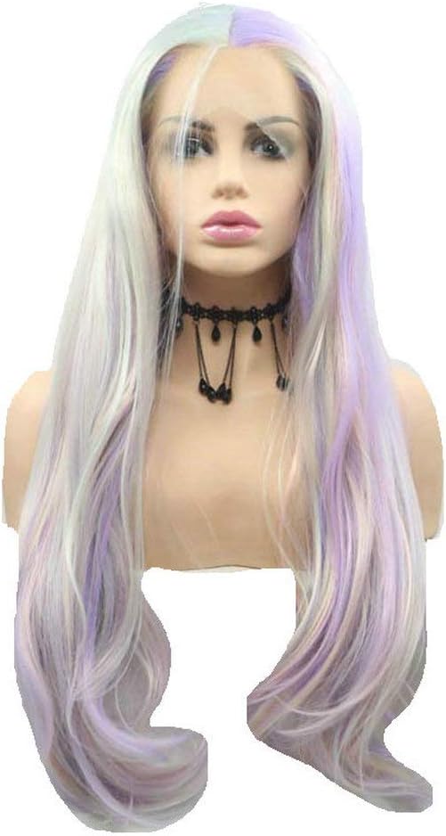 SERENEWIG Long Loose/Water Wave Synthetic Lace Front Wigs for Women Heat Resistant Fiber Hair Natural Hairline Daily Cosplay Party Use (Pastel Pink Purple Colorful)