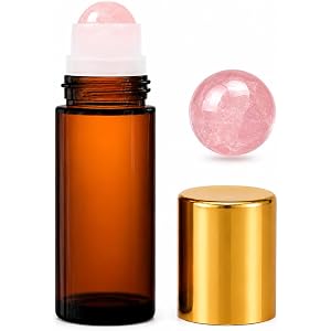 MOCOLIT Rose Quartz Roller Bottle, 50ml Amber Glass Roll On Bottle with Natural Crystal Ball, Refillable Roller Ball Applicat