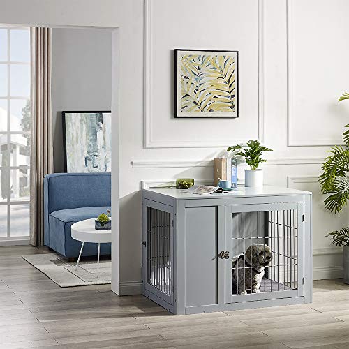 unipaws Furniture Style Dog Crate End Table with Cushion, Wooden Wire