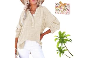 Womens Casual Gauze Button Neck Long Sleeve Oversized BlousesTops, Lightweight Cotton Loose V Neck Gauze Shirts