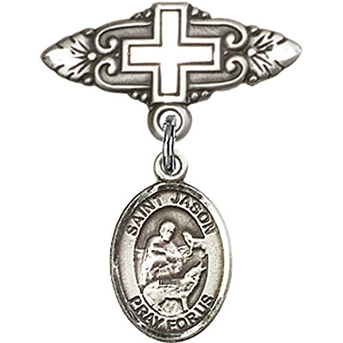 Sterling Silver Baby Badge with St. Jason Charm and Badge Pin with Cross 1 X 3/4 inches