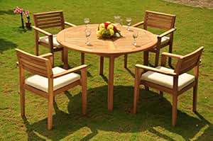 www.lvbagssale.com : Clearance 5 Pc Grade-A Teak Wood Dining Set - 52&quot; Round Table And 4 Stacking ...