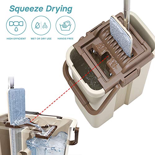oshang Flat Squeeze Mop and Bucket - Hand-Free Wringing Floor Cleaning Mop - 2 Types Washable & Reusable Microfiber Mop Clothes/Pads Included - Wet or Dry Usage on Hardwood, Laminate, Tile