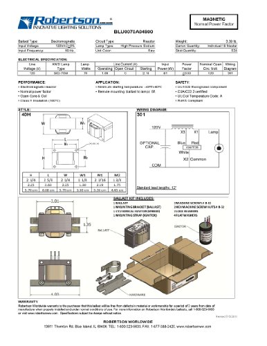 ROBERTSON 3P10058 Individual mHID, 70 Watt, S62 High Pressure Sodium Lamp, 120Vac., 60Hz, Normal Ballast Factor, NPF, Model BLU0070A04900 M (Replaces Model BLU070A04900) - Thumbnail 6