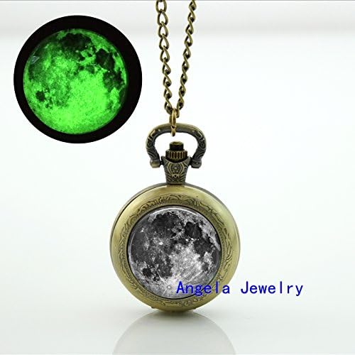 Pretty Lee Fashion Full Moon Glowing Pocket Watch Necklace Full Moon Jewelry Glow in The Dark Necklace