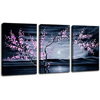 Moyedecor Art - 3 Pieces Modern Canvas Painting Wall Art The Picture for Home Decoration Purple Plum Blossom in Night View Sea View Print On Canvas Giclee Artwork for Wall Decor Gift Piece