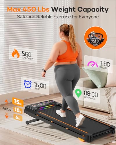 Walking Pad with 15% 12-Level Auto Incline, 450 Lbs Capacity UI Screen, Trisomy 3.5HP Quiet Foldable Portable Under Desk Treadmill with Speaker & Remote, 4 in1 Compact Treadmills for Home/Office