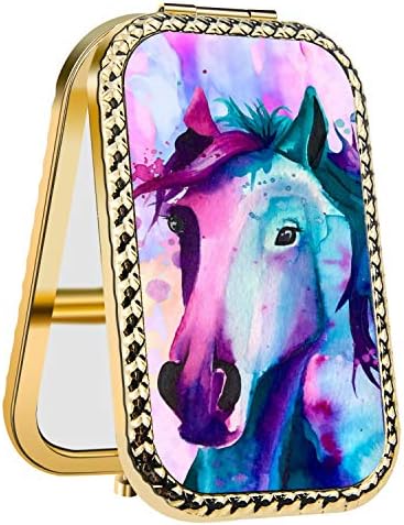 Specialized Design Rectangle Golden Tie-dye Horse Portable makeup mirror, Travel Compact Portable Pocket Folding Makeup Vanity Cosmetic Mirror for Women