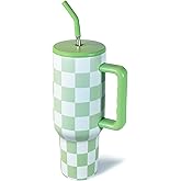 CHLJAR 40 oz Tumbler with Handle, Checkered Insulated Tumbler Stainless Steel Vacuum Water Bottle Cup Travel Coffee Mug Gifts for Women Wife Sister Boss Lady Birthday Christmas, Green