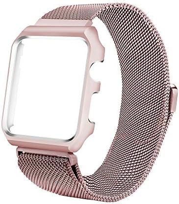 Gonyou Watch Band Milanese Loop with Metal Watch Case Protective Cover for Apple Watch Sport Edition Series 2 Series 1 Series 3 (Milanese with Case/Rose Gold, 42)