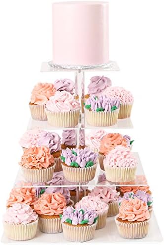 Four Tier Cupcake Stand Square - Dessert Tower | Plus Travel Tote Bag | Extra Strong 4 Tiered Clear Plastic Acrylic Serving Display Stands | Wedding Birthday Party Cup Cake Donut Tree By Cakes Of Eden
