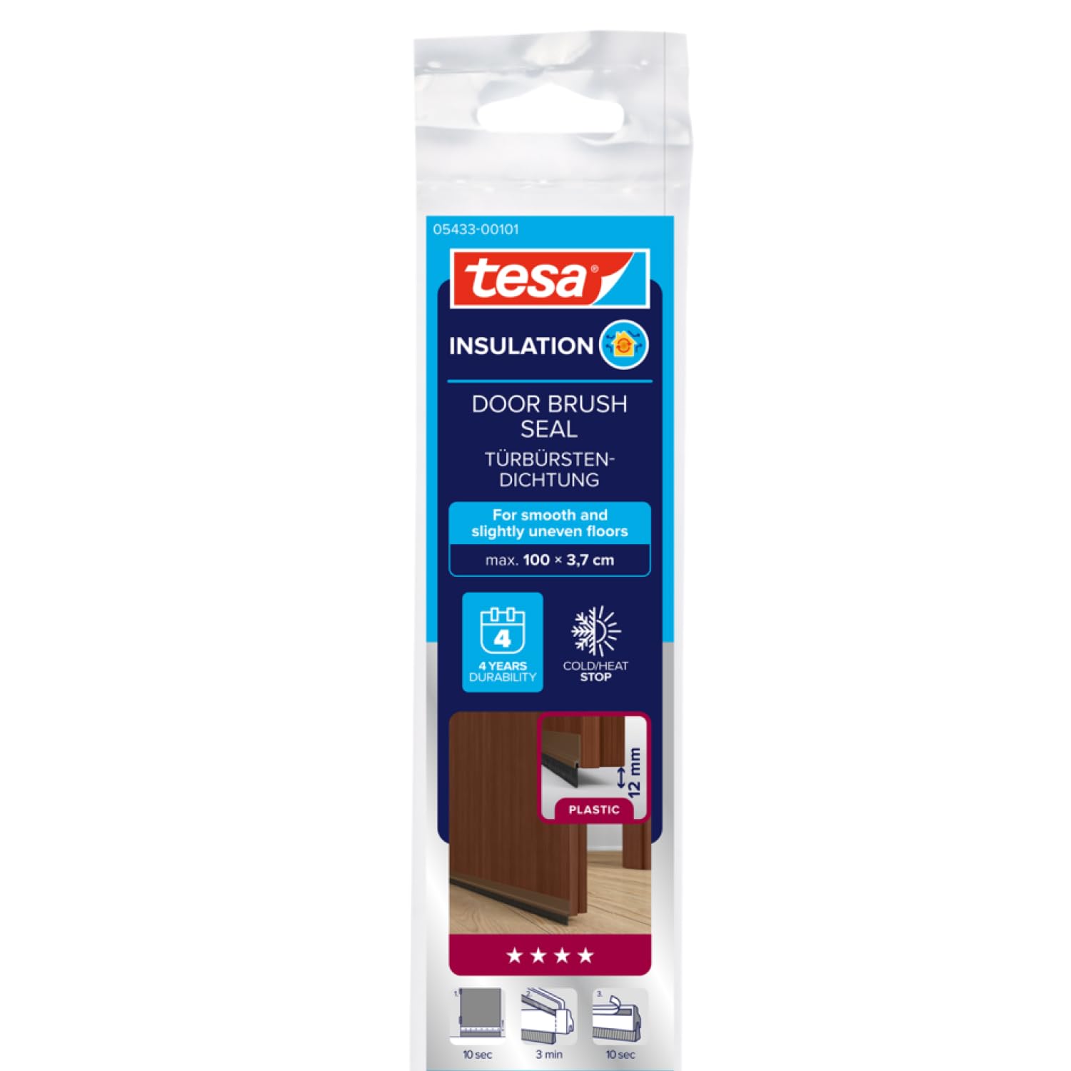 tesa INSULATION Door Brush Seal for Smooth floors - Self-adhesive door Seal to protect against draughts - Brown - with brush Seal up to 12 mm
