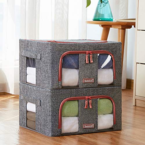 Moonday Zipped Storage Organiser Box, Huge Capacity Thick Nonwoven Bag for Bedding, Comforters, Blankets, Duvets, Clothes, Fordable Steel Frame(Twin Pack) (Grey, 66 Litre)