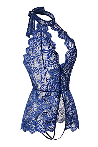 LALAVAVA Teddy Lingerie for Women Floral Lace Halter One Piece Bodysuits (Navy Blue, M)