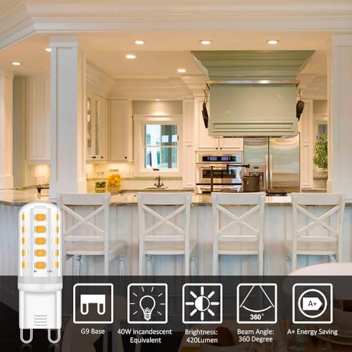 LED Light Bulbs G9 Warm White 3000K, 5W Equivalent 40W Halogen Bulb, Non-Dimmable, 360° Beam Angle, No Flicker G9 LED Lamps, AC 220-240V, (Pack of 5)