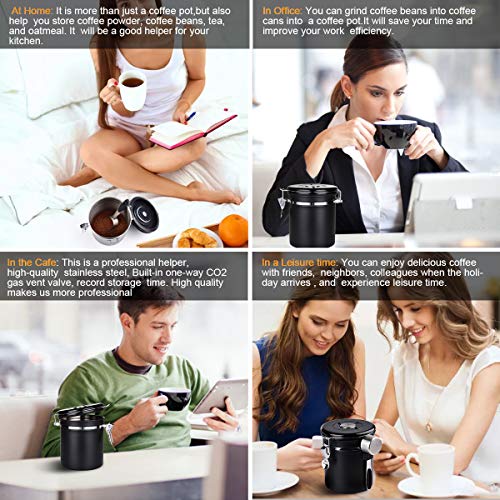 Coffee Container Airtight Stainless Steel Storage Canister with Built-in CO2 Valve, Measuring Scoop and Brush - Black