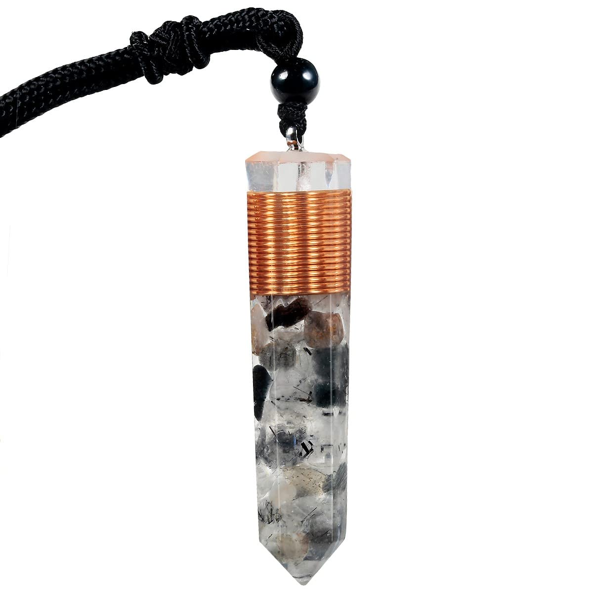 KYEYGWO Healing Orgone Crystal Point Necklace for Unisex Hexagonal Quartz Chip Stones Pendant Single Point Crystal Wand Amulet for Meditation and Yoga