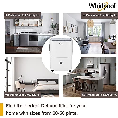 Whirlpool 50 Pint Portable Dehumidifier with 24Hour Timer, Auto Shut