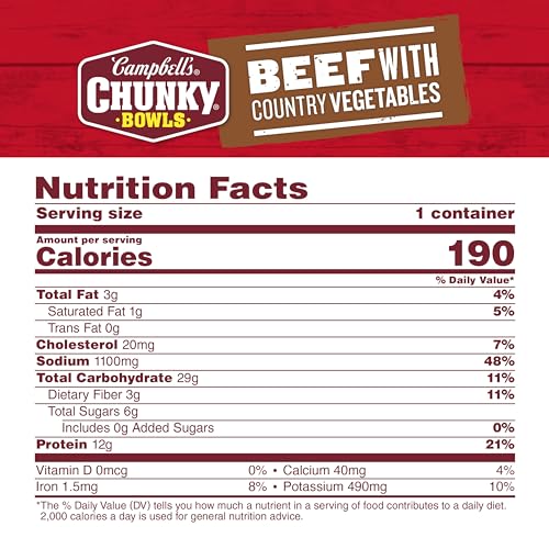 CAMPBELL’S CHUNKY SOUP, BEEF SOUP WITH COUNTRY VEGETABLES, 15.25 OZ MICROWAVABLE BOWL