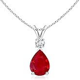 Angara Ruby Teardrop Necklace with Diamond in Silver/14K Solid Gold/Platinum | Natural Prong-Set Ruby V-Bale Pendant With 18" Chain for Women | July Birthday Gemstone Jewelry Gift