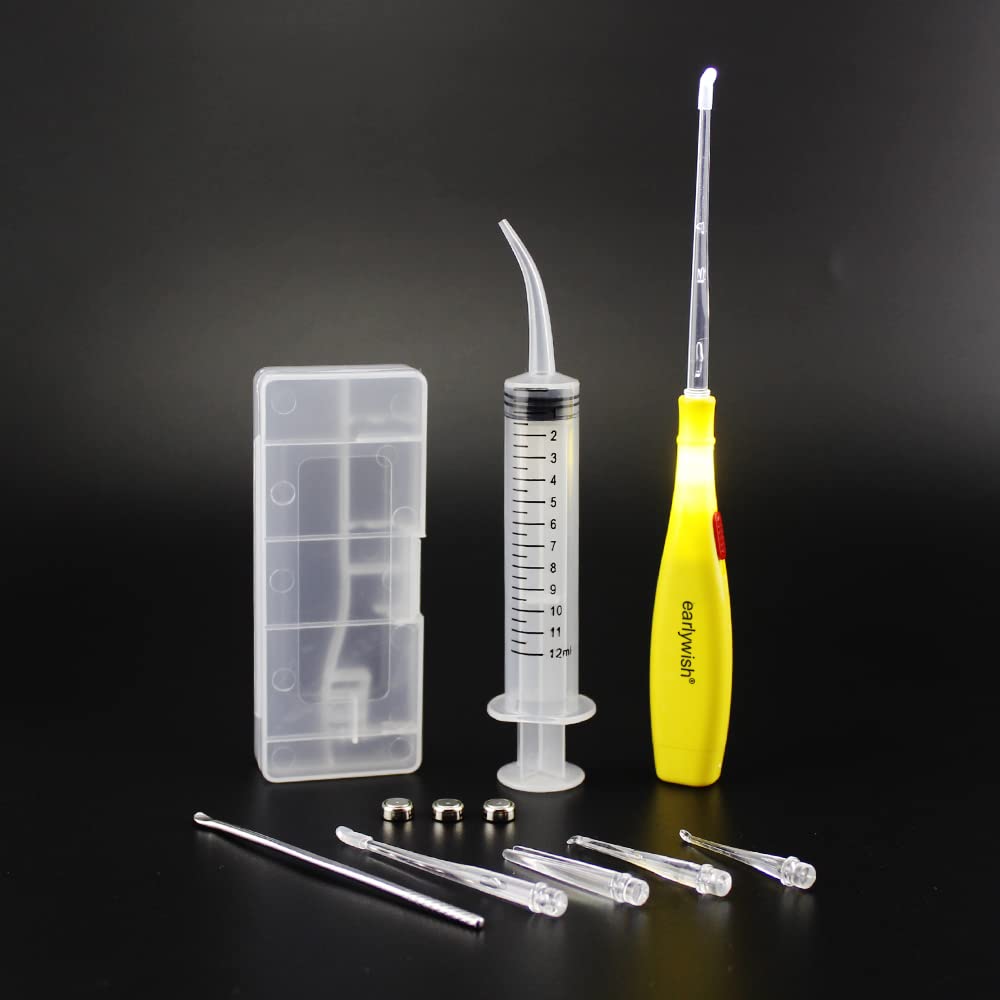 Earlywish Upgraded 6.75" Long LED Lighted Tonsil Stone Remover Tool, Yellow, 5 Tips, Tonsillolith Pick Case + 1 Irrigator Clean Curved Tip Syringe