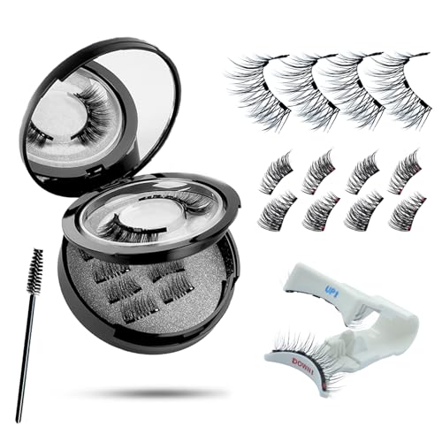 Magnetic Eyelashes with Applicator – 3 Pairs Reusable Magnetic Lashes Natural Look, Wispy Strip & 3/4 Half False Eyelashes Kit, No Glue Needed, 4 Magnet Upgrade,Elegant Black Lash Box with Mirror
