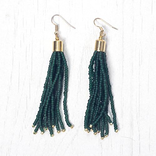 Matte Dark Green with accent of Galvanised Gold Seed Beaded Tassel Earring with Shiny 16K Gold Plated Brass Findings